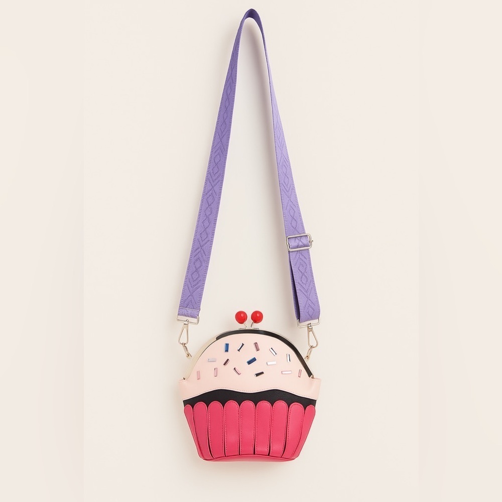 Cupcake Crossbody Purse Embroidered Purple Strap Whimsical Fun Novelty Bag NWT